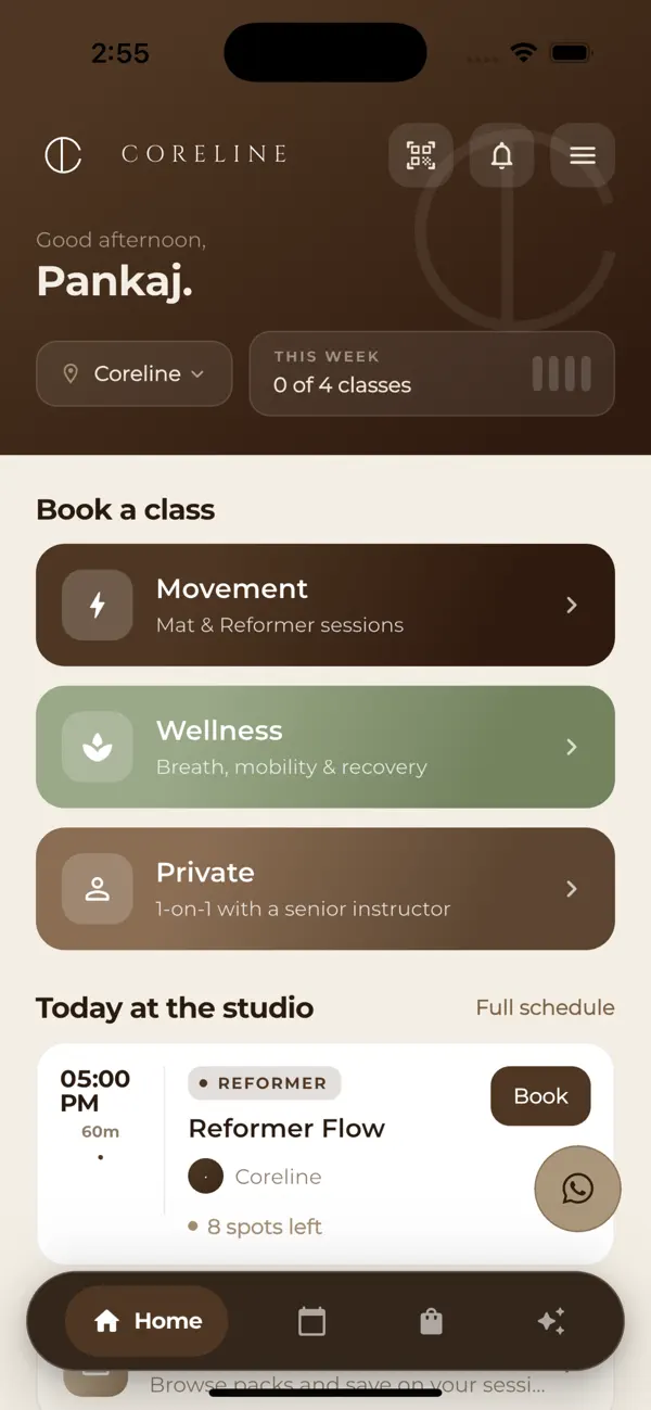 Coreline app home screen with movement, wellness and class booking options